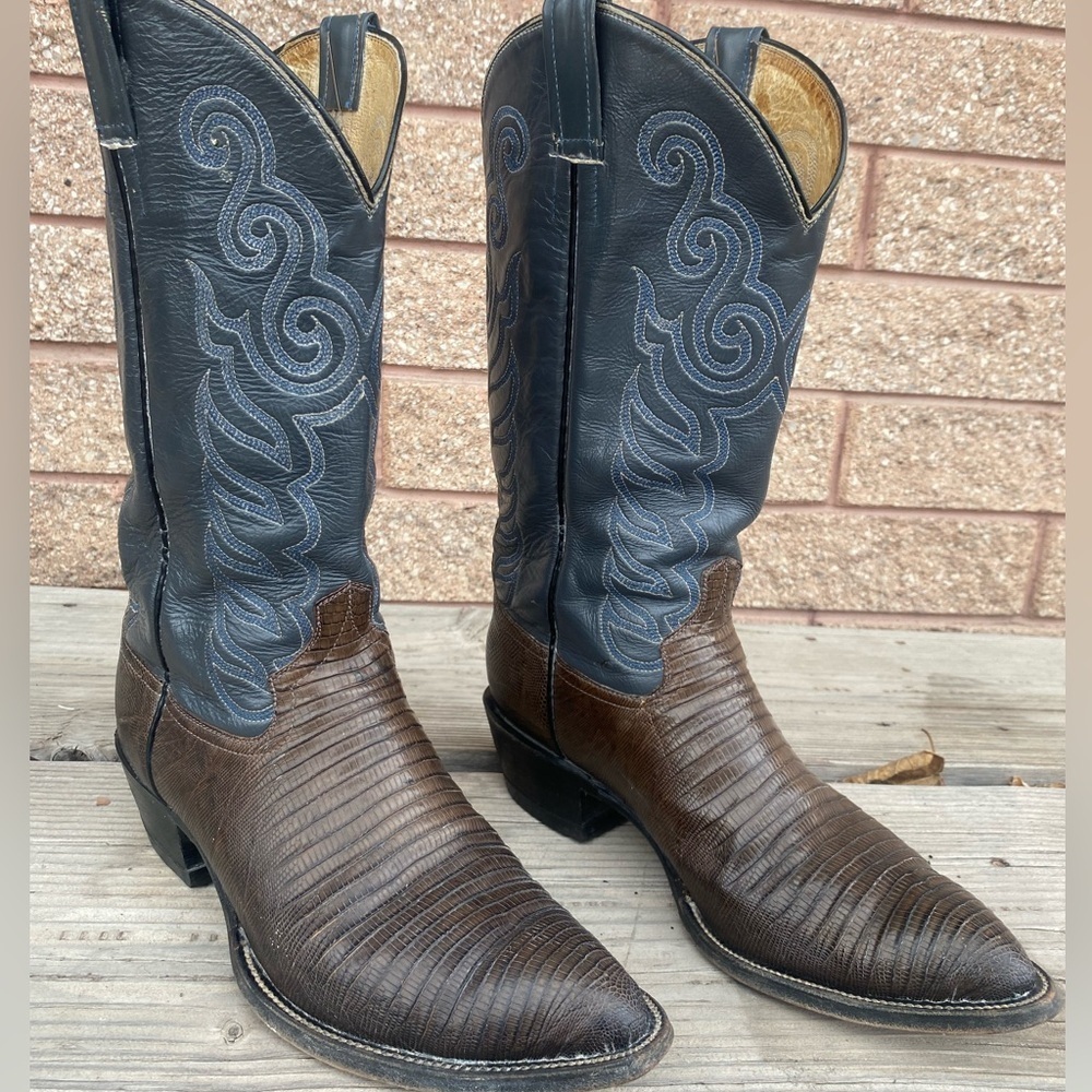 Exotic Leather Cowboy Boots Brown Lizard Vamp, Gray Shaft w/ Blue Stitching
